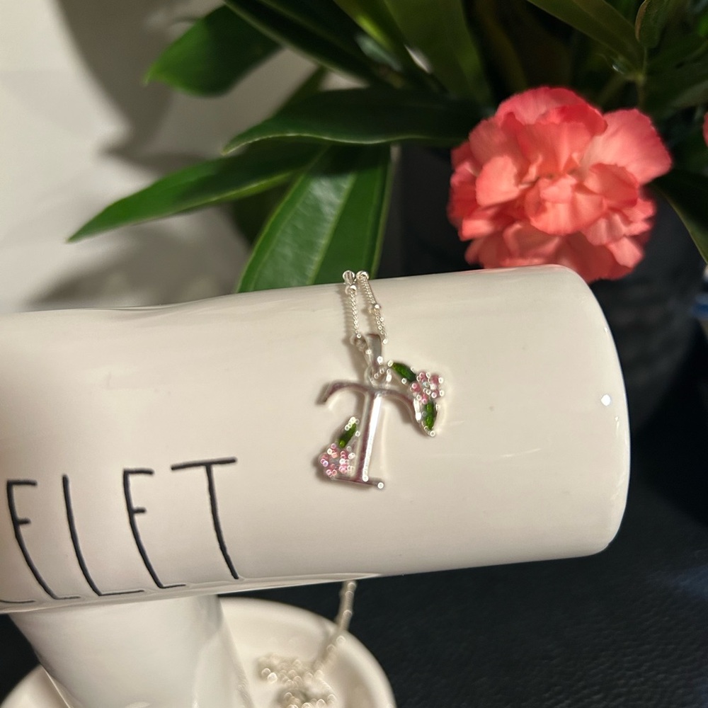Silver and Pink “T” Pendant Necklace